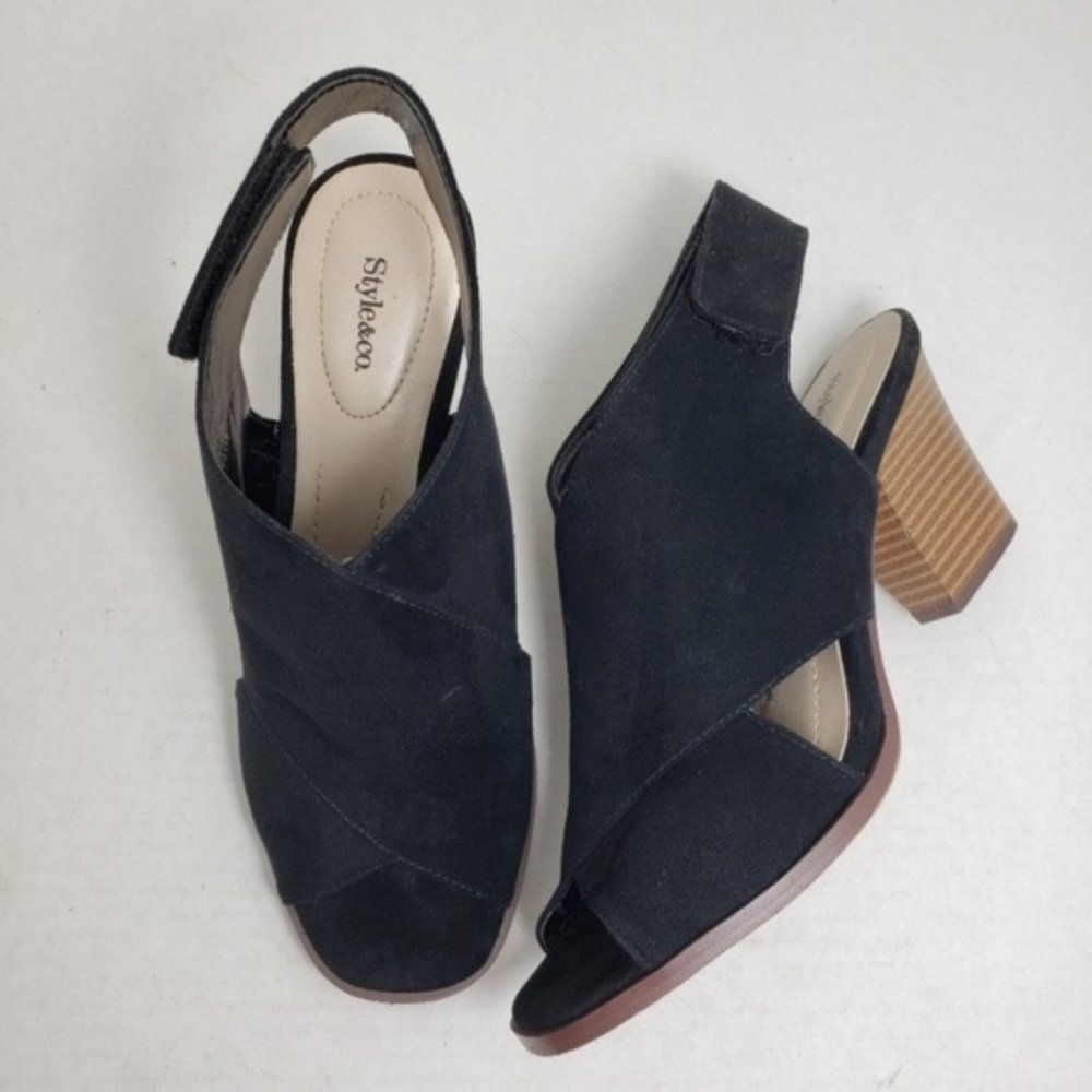 Style & Co Danyell Black Open Toe Velcro Heels 6.5